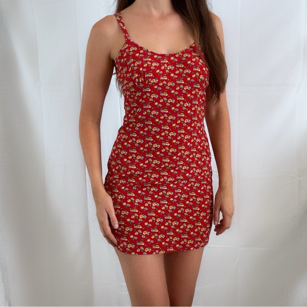 Vintage 90s red floral print mini dress cami straps size small